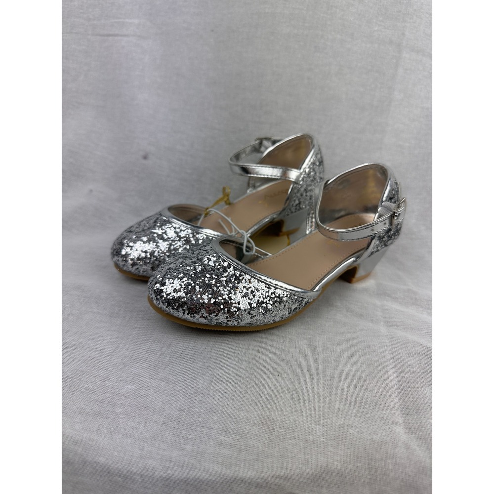 Leading Role Kids Silver Glitter Heels Ankle Strap Dress Shoes Size 11/12